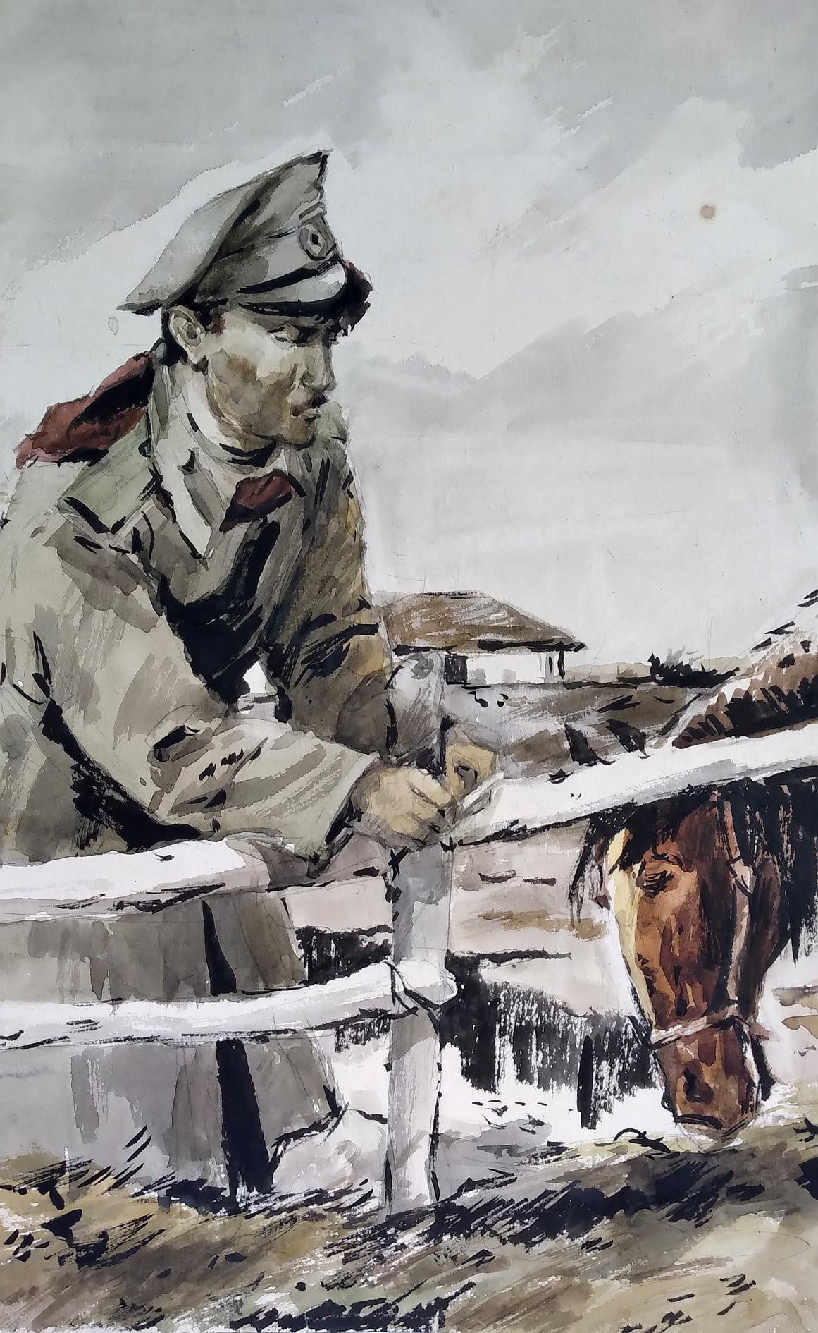 Social realism watercolor painting Soldier at home Unknown author