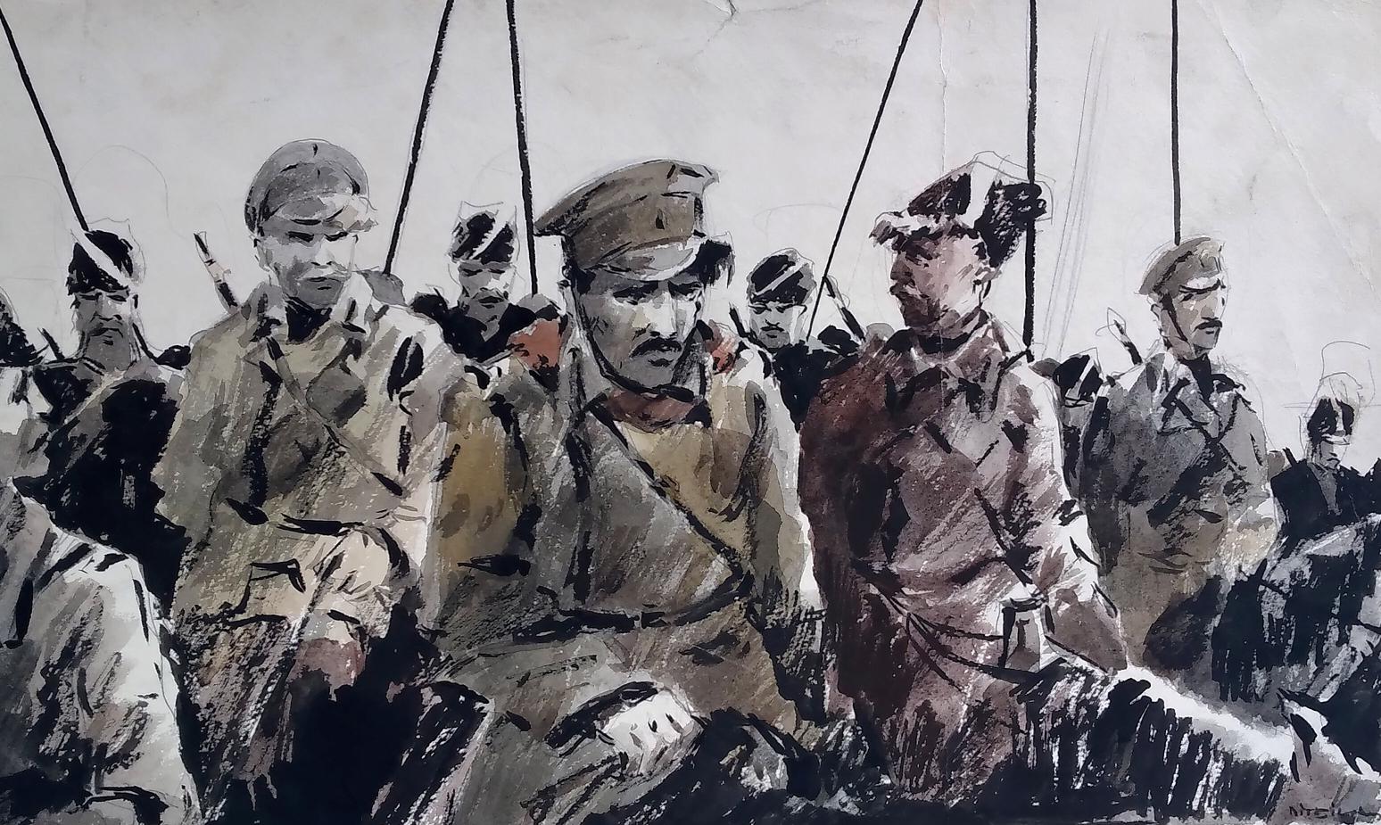 Social realism watercolor painting Soldiers prepare for battle Unknown author