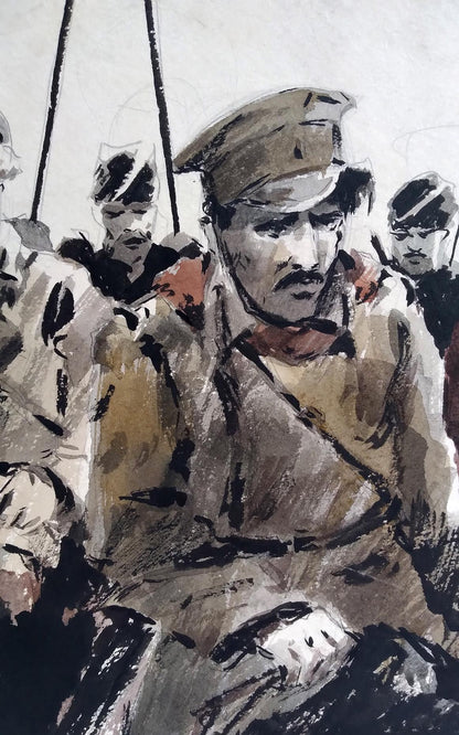 Social realism watercolor painting Soldiers prepare for battle Unknown author