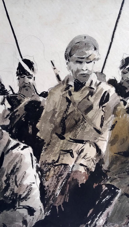 Social realism watercolor painting Soldiers prepare for battle Unknown author