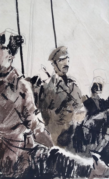 Social realism watercolor painting Soldiers prepare for battle Unknown author