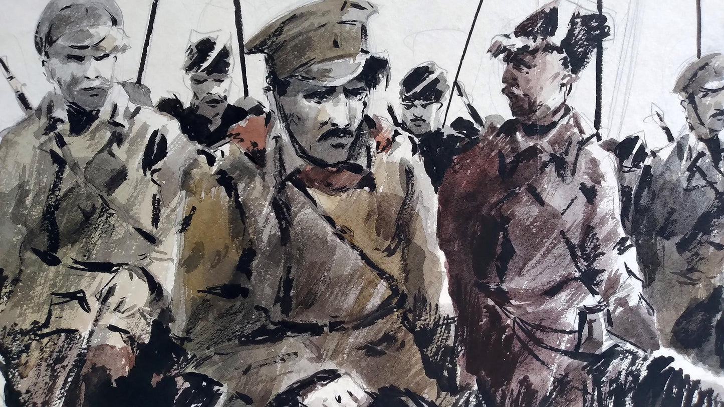 Social realism watercolor painting Soldiers prepare for battle Unknown author