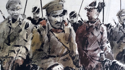 Social realism watercolor painting Soldiers prepare for battle Unknown author