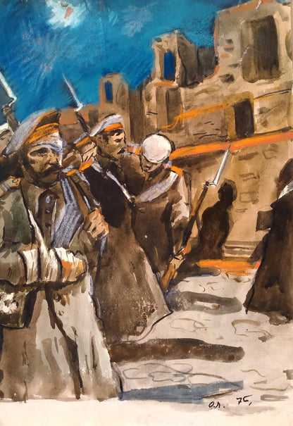 Social realism watercolor painting After battle Litvinov Oleg Arkad'yevich