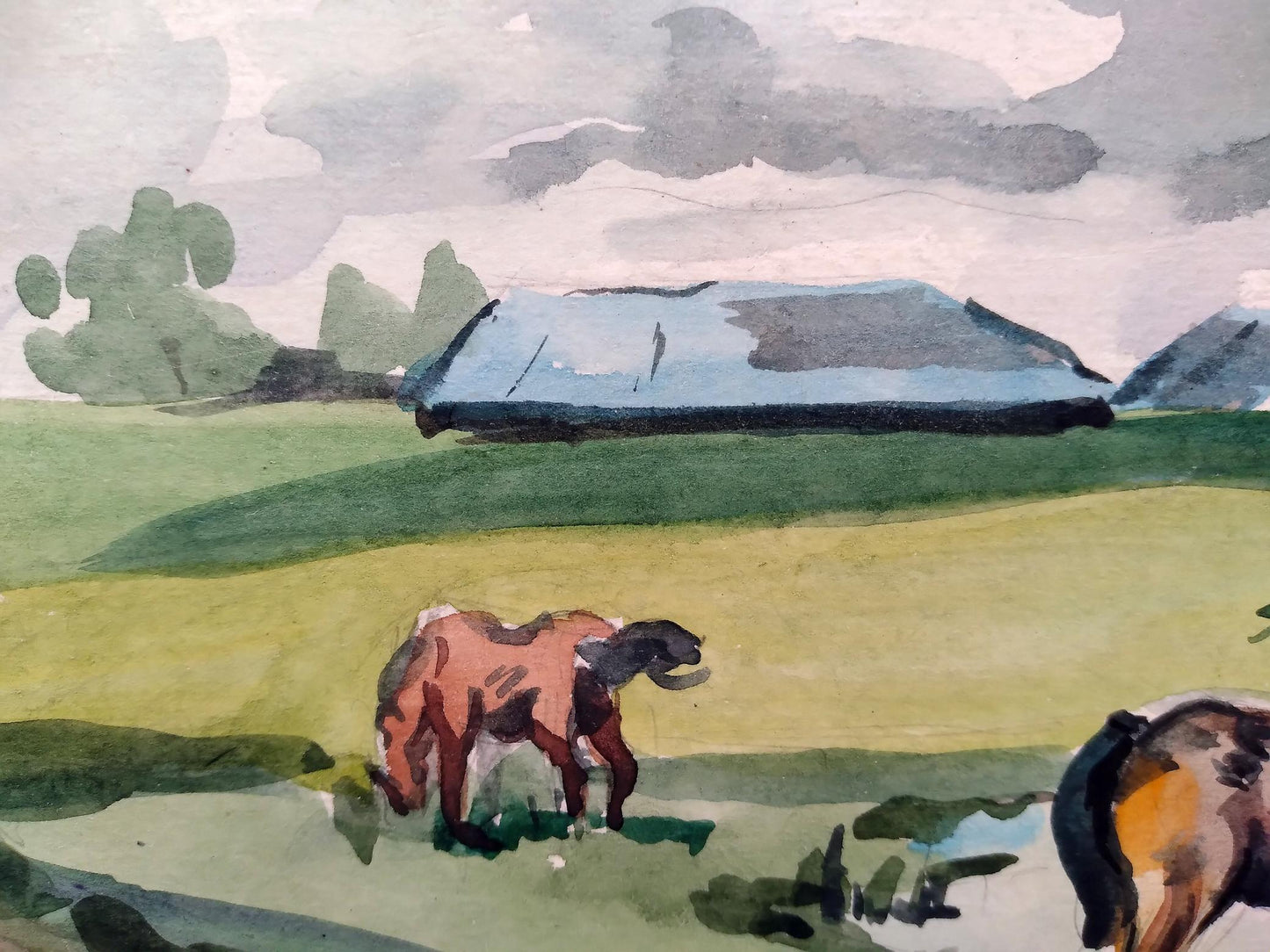 Watercolor painting Horses graze Litvinov Oleg Arkad'yevich