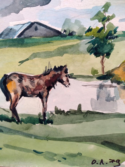 Watercolor painting Horses graze Litvinov Oleg Arkad'yevich