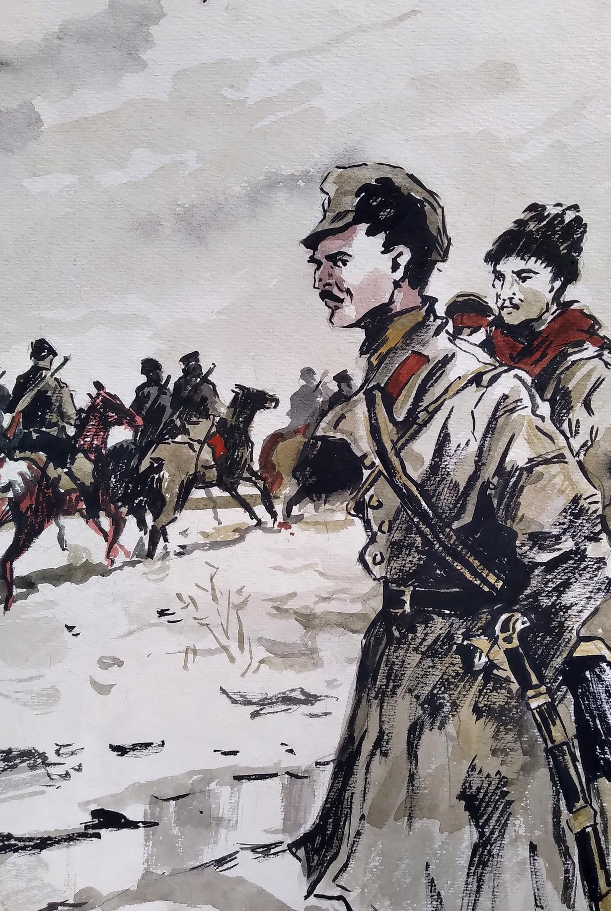Social realism watercolor painting Soldiers on the road Unknown artist