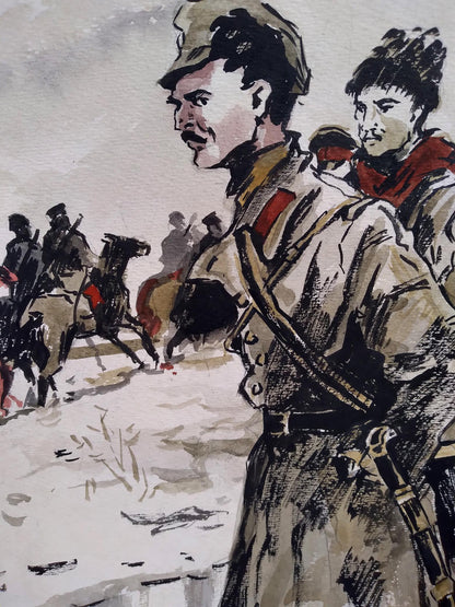 Social realism watercolor painting Soldiers on the road Unknown artist