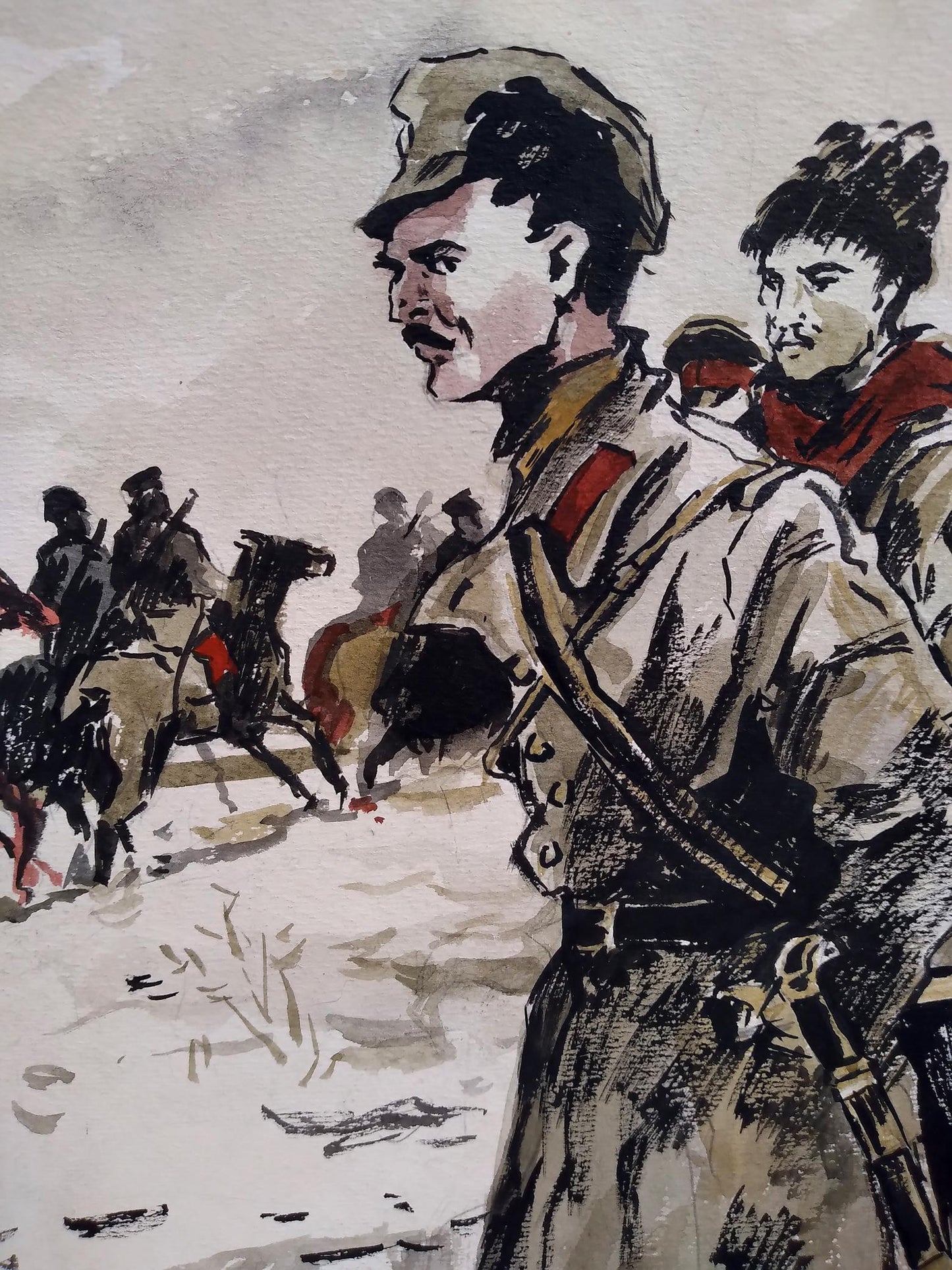 Social realism watercolor painting Soldiers on the road Unknown artist