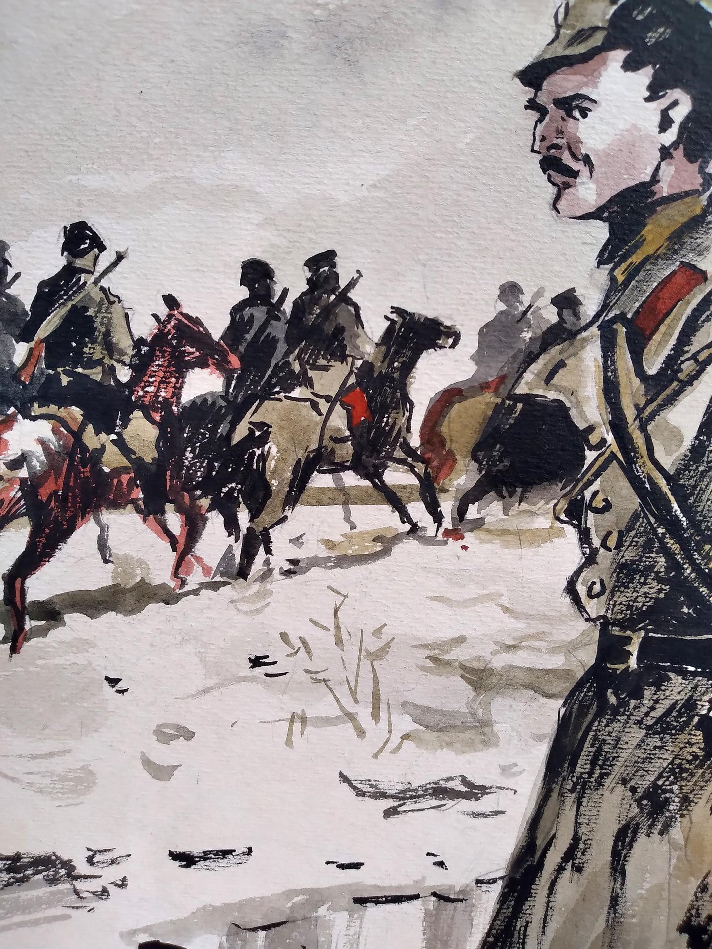 Social realism watercolor painting Soldiers on the road Unknown artist