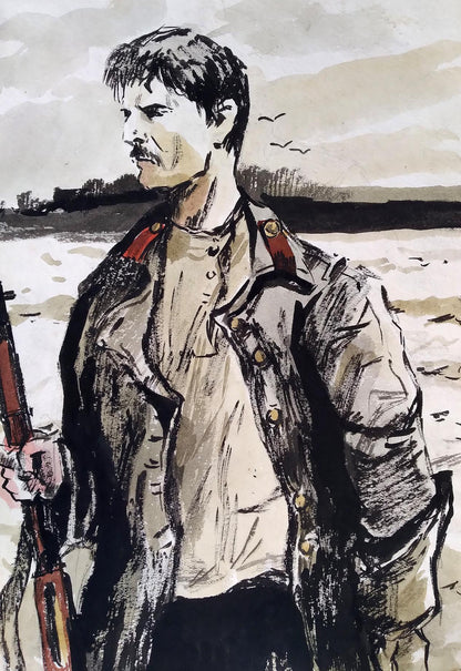 Social realism watercolor painting Soldier portrait Unknown artist