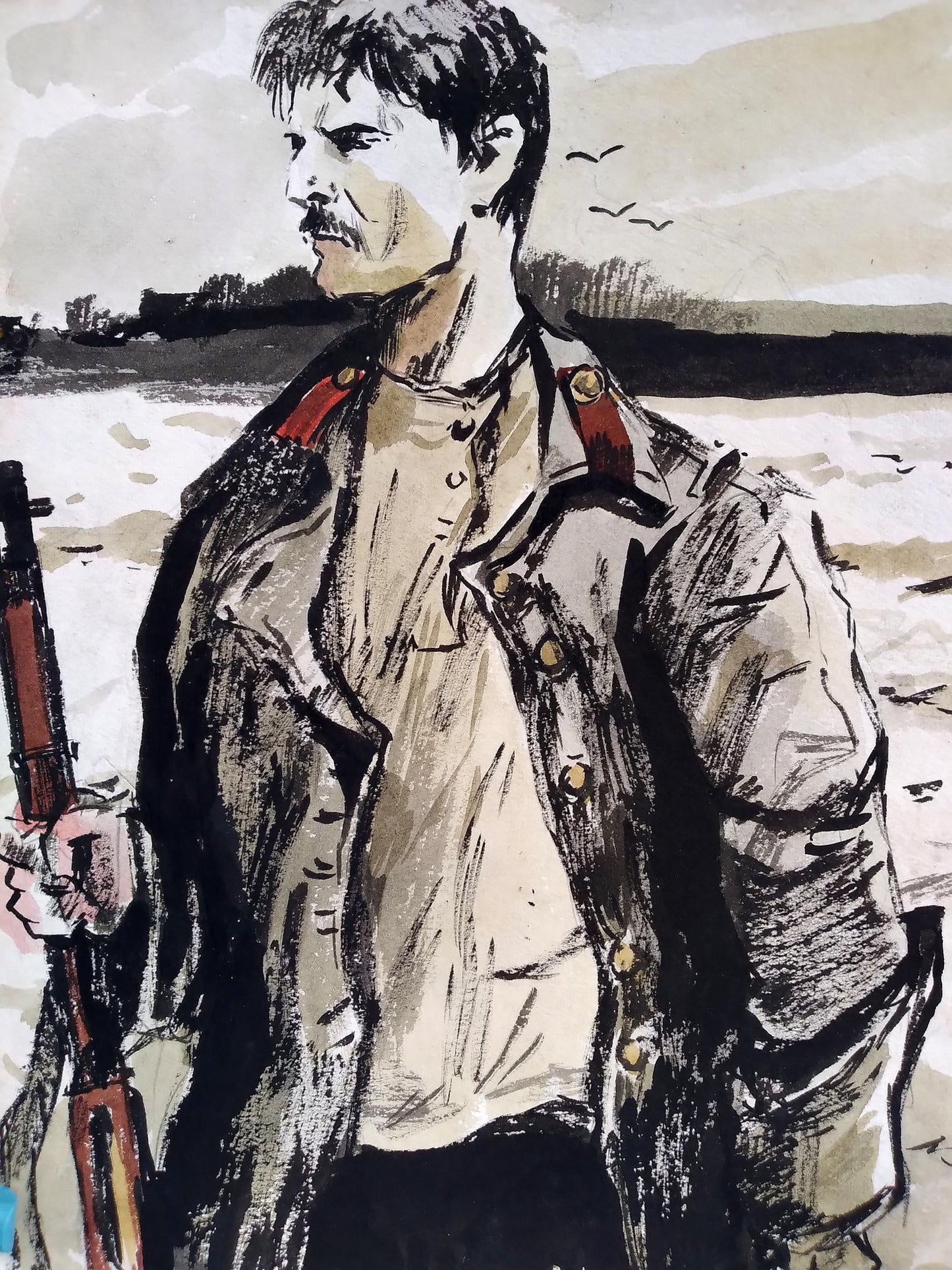 Social realism watercolor painting Soldier portrait Unknown artist