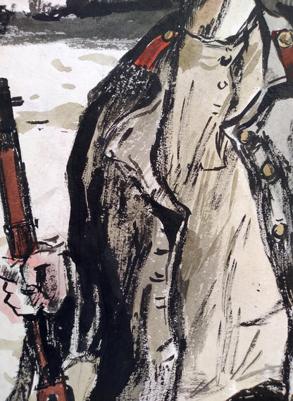 Social realism watercolor painting Soldier portrait Unknown artist