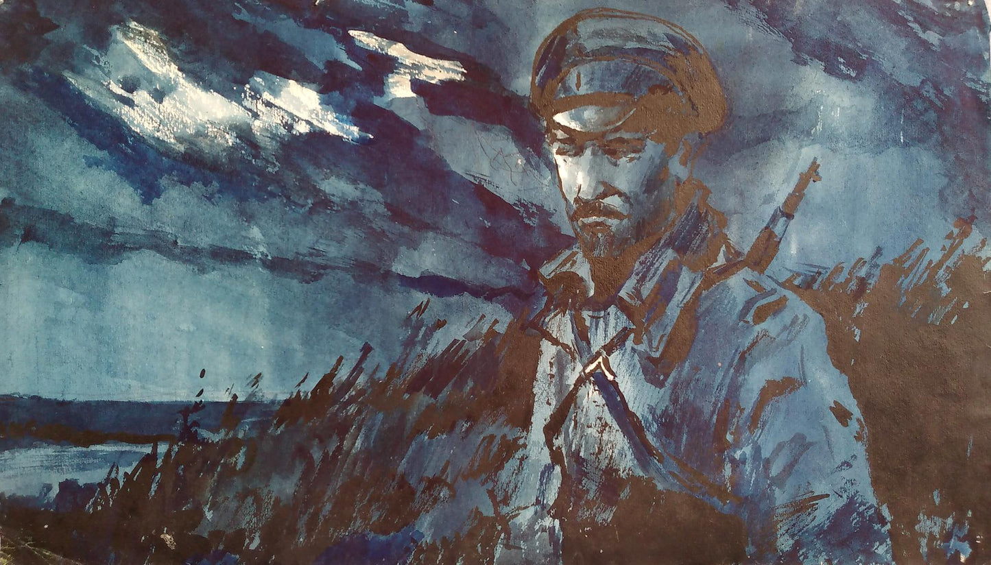 Social realism watercolor painting Soldier in the dark Litvinov Oleg Arkad'yevich