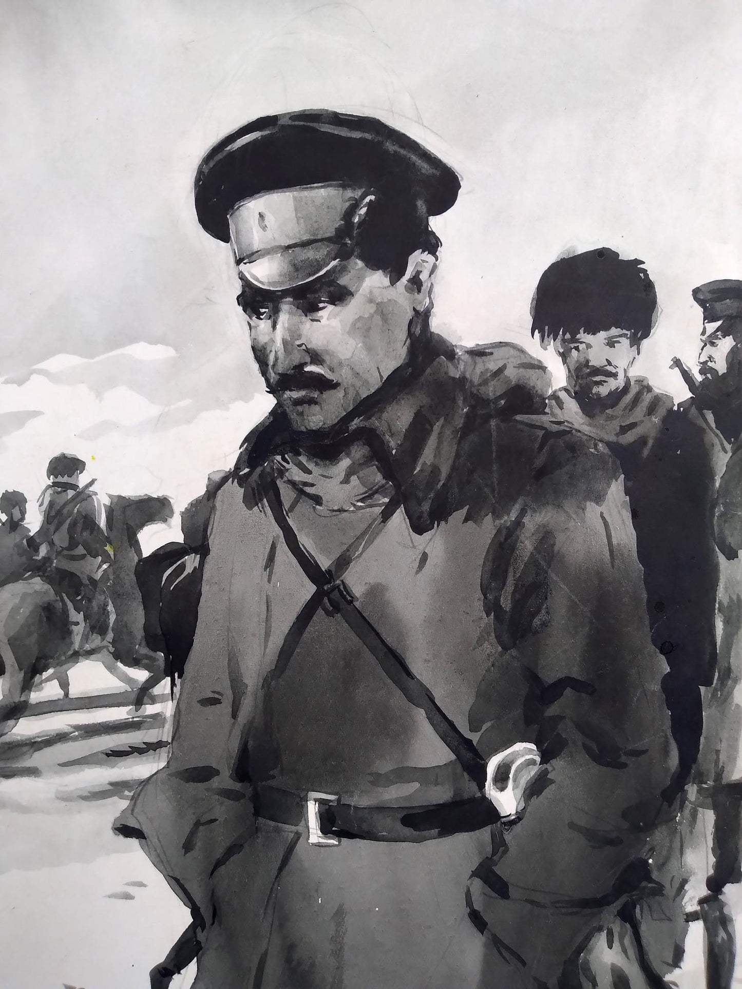 Social realism watercolor painting Officer with soldiers Unknown artist