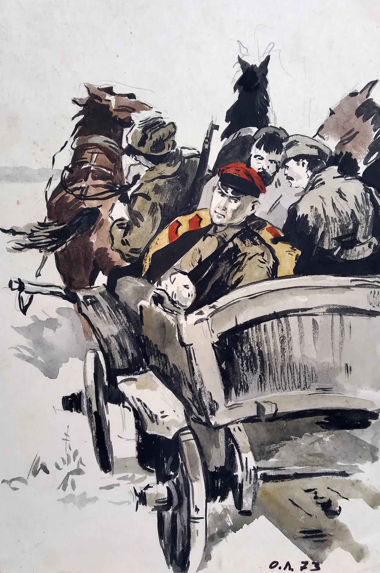 Social realism watercolor painting The soldiers in the cart Litvinov Oleg Arkad'yevich