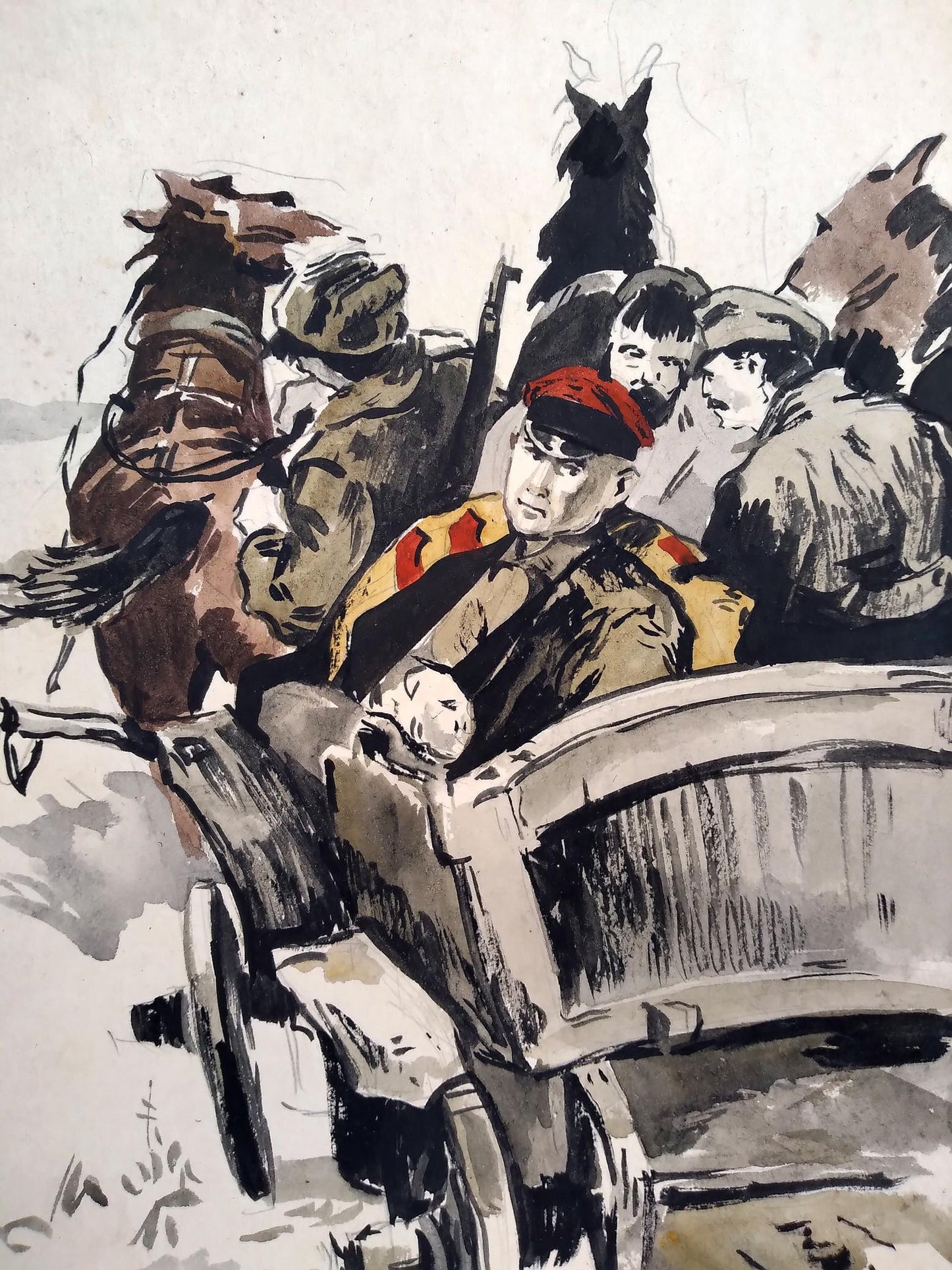 Social realism watercolor painting The soldiers in the cart Litvinov Oleg Arkad'yevich