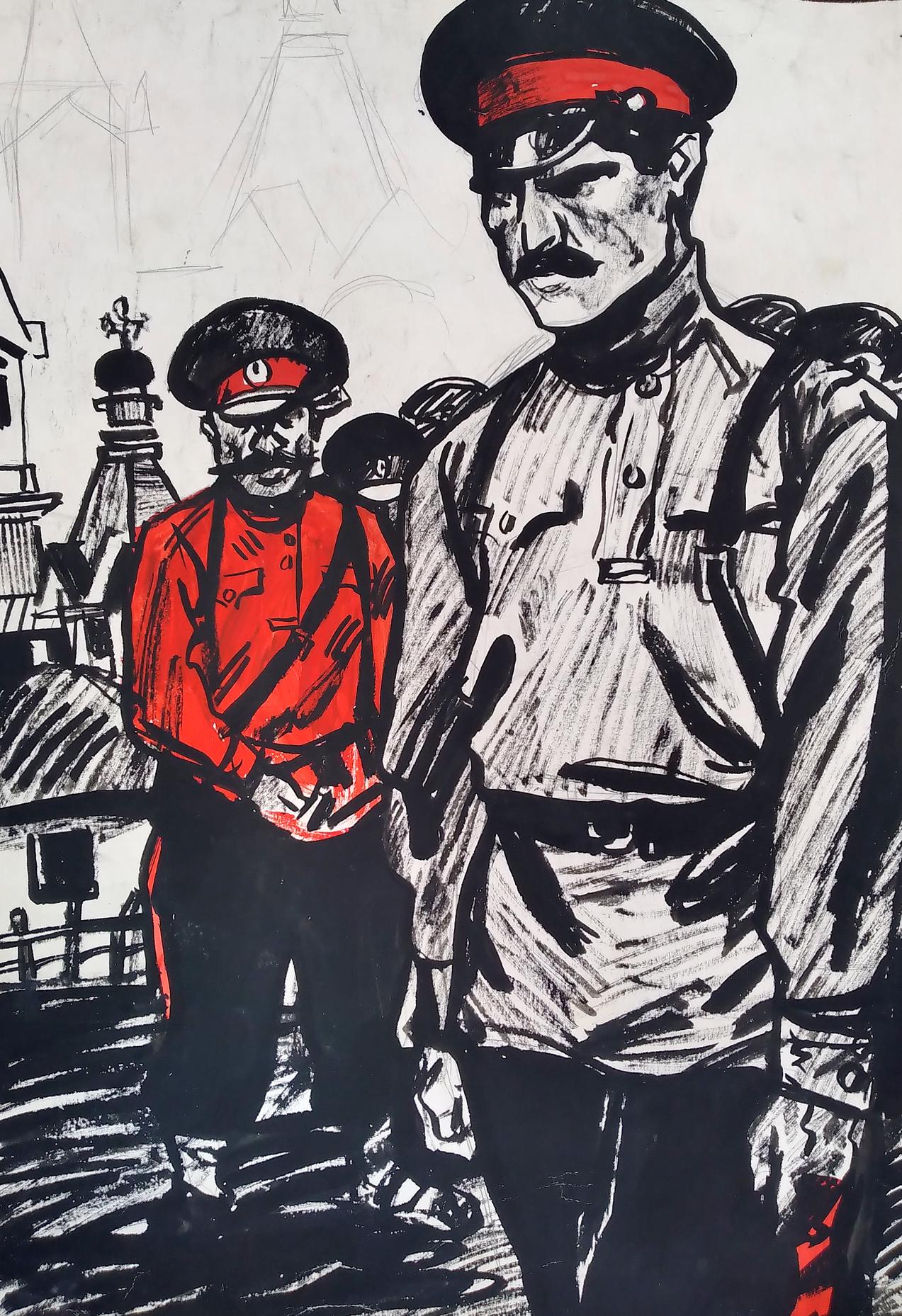 Social realism watercolor painting Red Army Unknown artist
