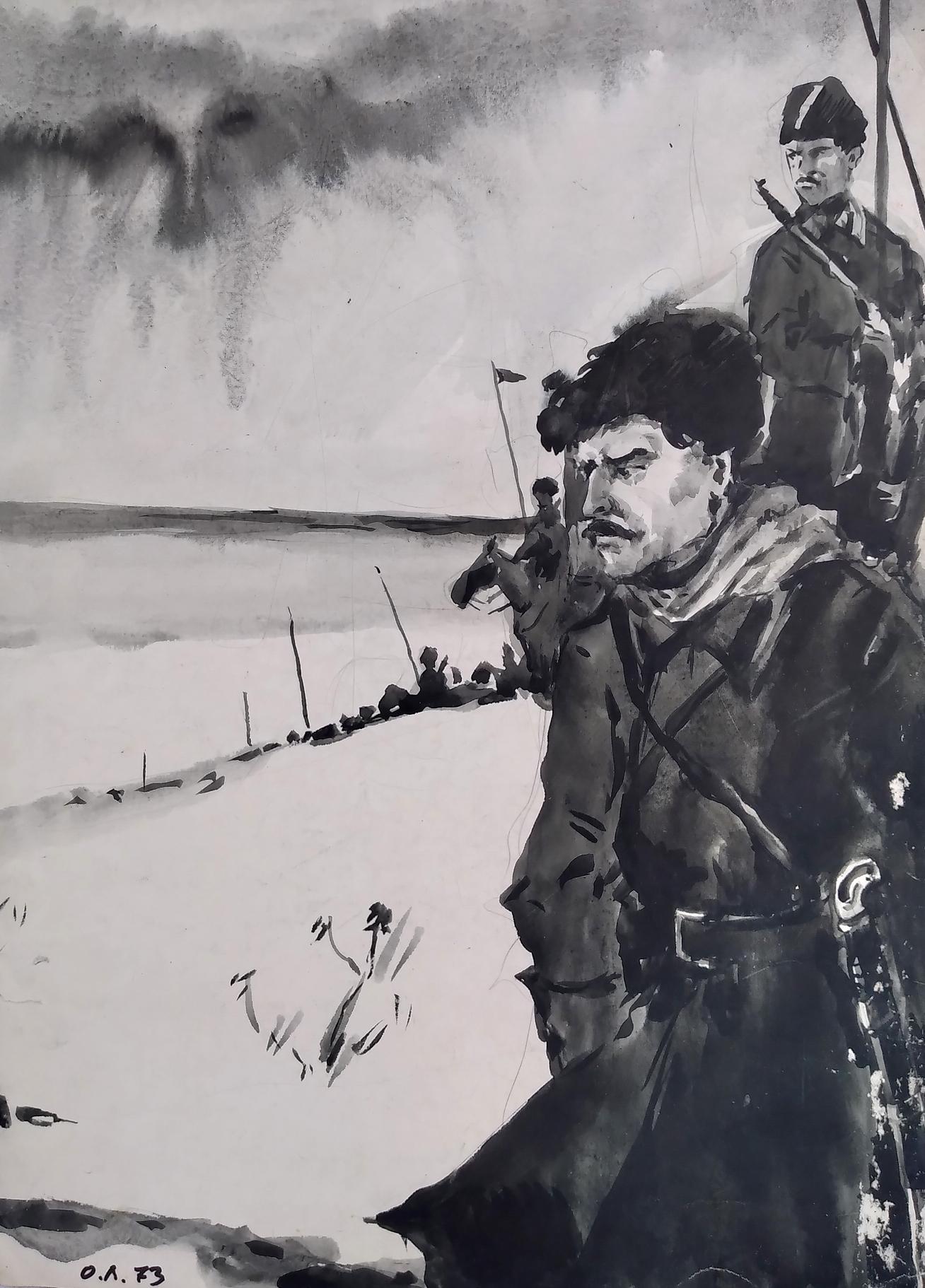 Social realism watercolor painting Troops on the road Litvinov Oleg Arkad'yevich