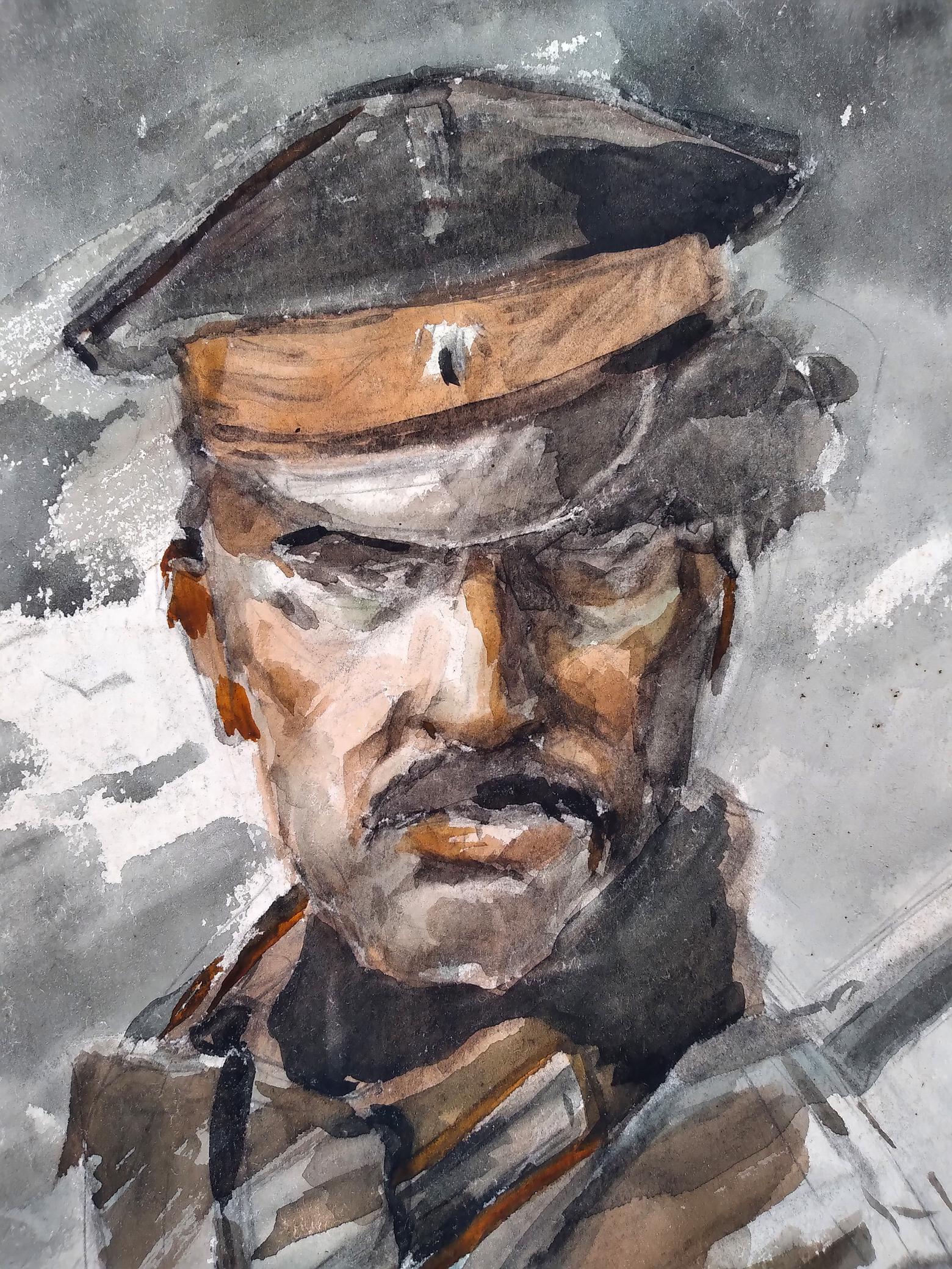 Portrait of a Soldier by the River: a watercolor painting by Oleg Litvinov