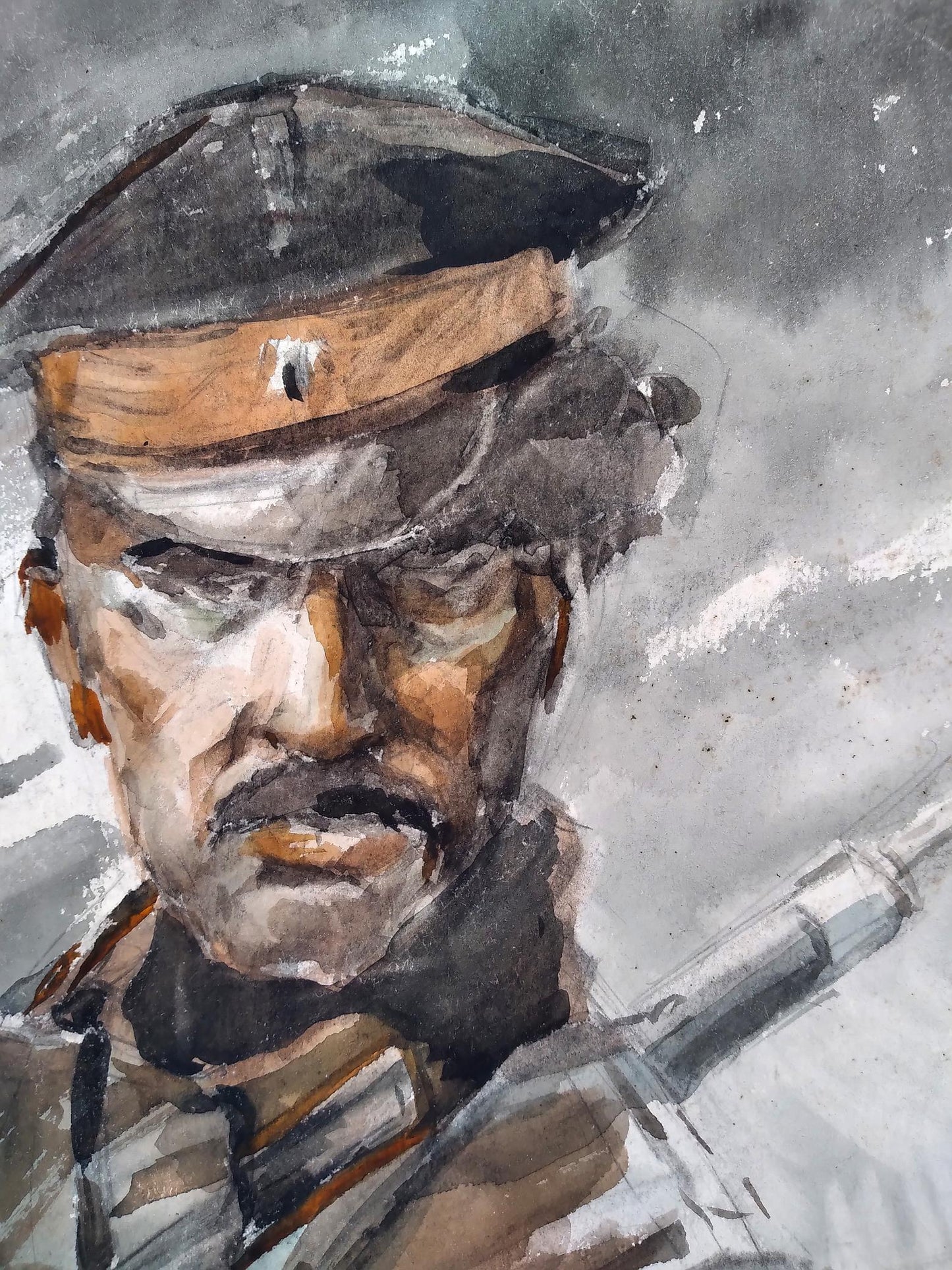 Oleg Litvinov's watercolor painting capturing a "Portrait of a Soldier by the River"