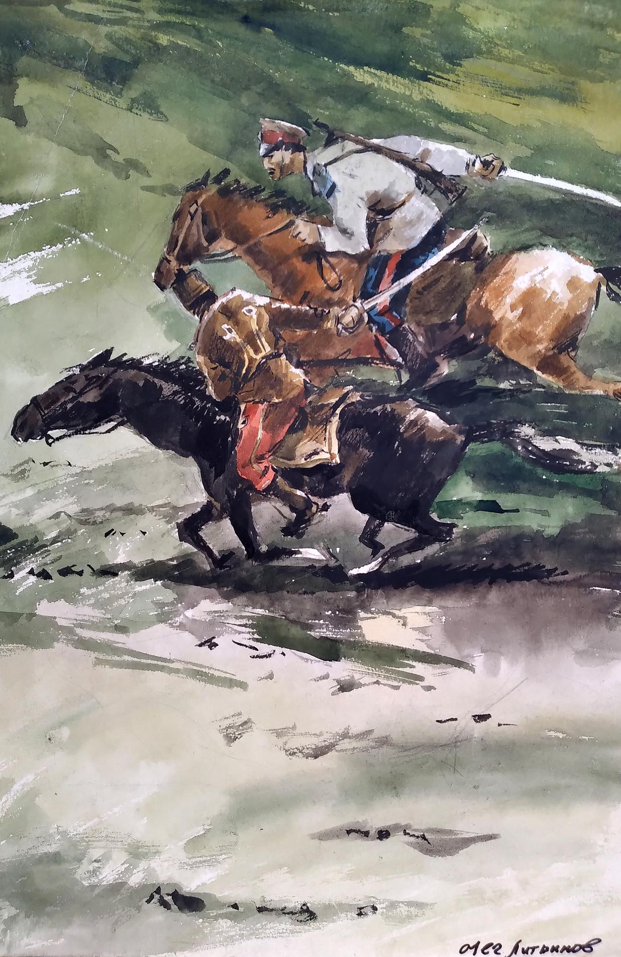 Social realism watercolor painting Horseman Litvinov Oleg Arkad'yevich