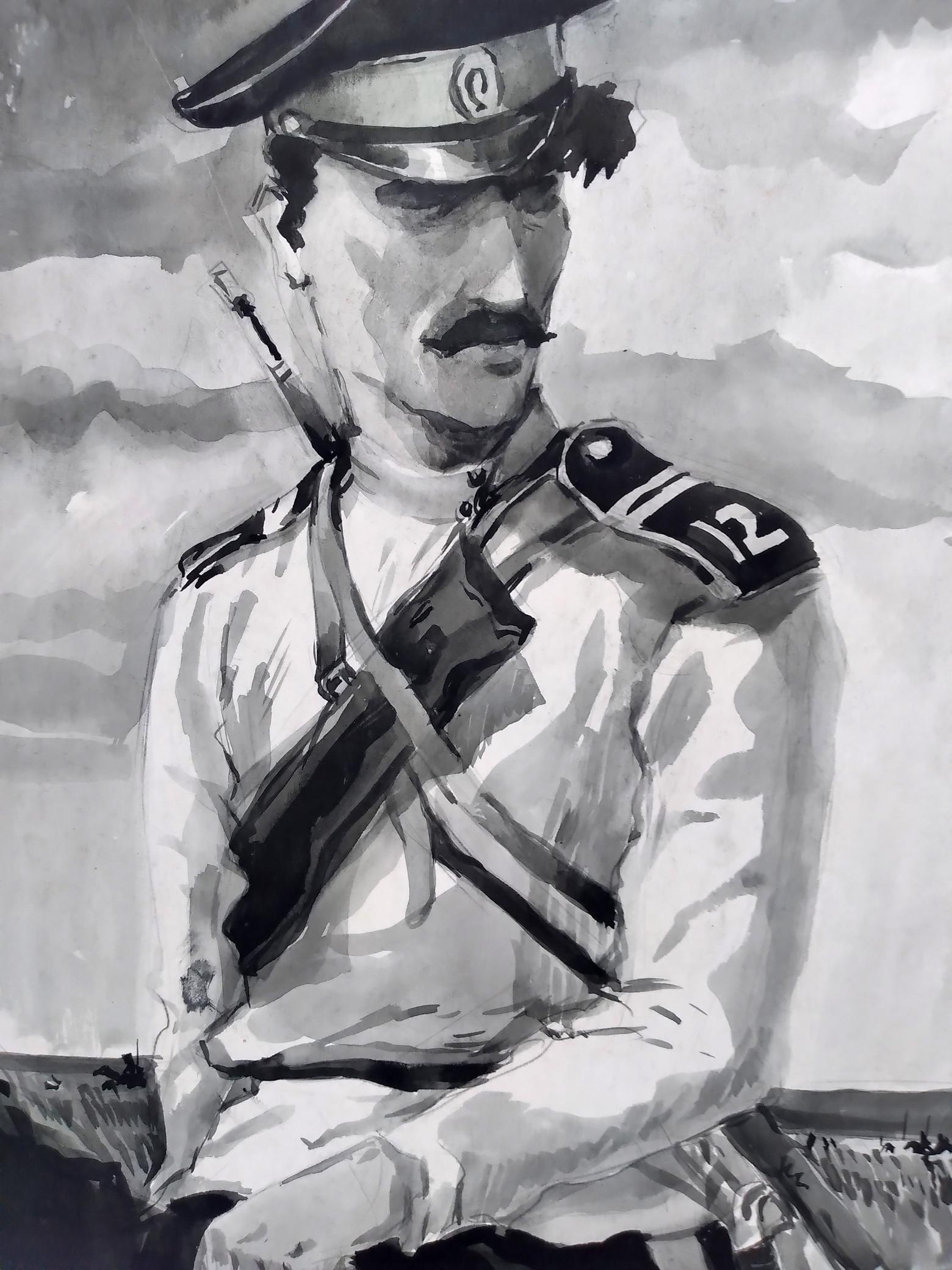 Oleg Litvinov's interpretation of a "Portrait of a Soldier by the River" in watercolor