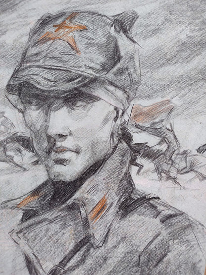 Social realism pencil painting Portrait of an officer Litvinov Oleg Arkad'yevich