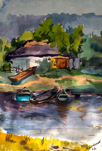 Watercolor painting House with boats Litvinov Oleg Arkad'yevich