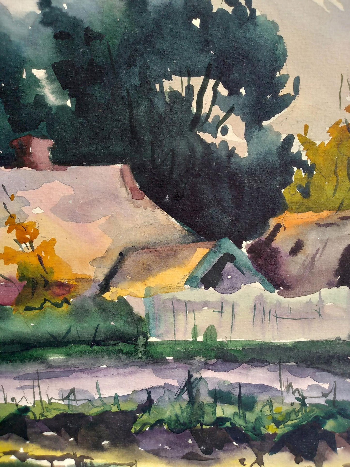 Watercolor painting Houses by the river Unknown artist
