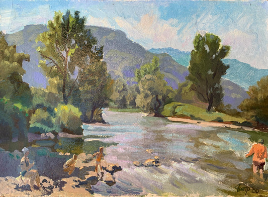 Oil painting People resting by the river in summer Vladimir Batrakov