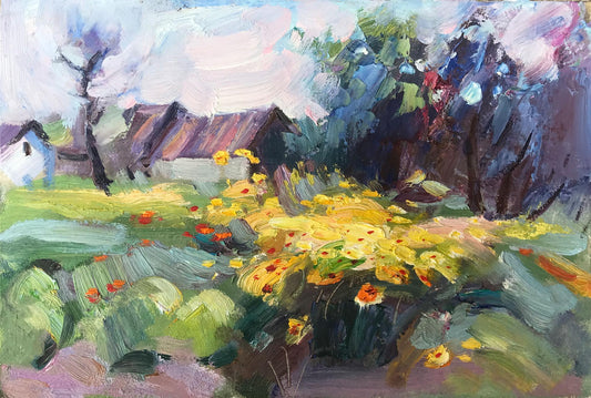 Oil painting Yard with flowers Kuzeminsky Nikolay Borisovich