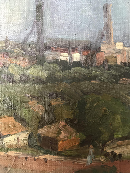 Unknown Artist's oil artwork, "City View," illustrating the dynamic rhythm of city living.