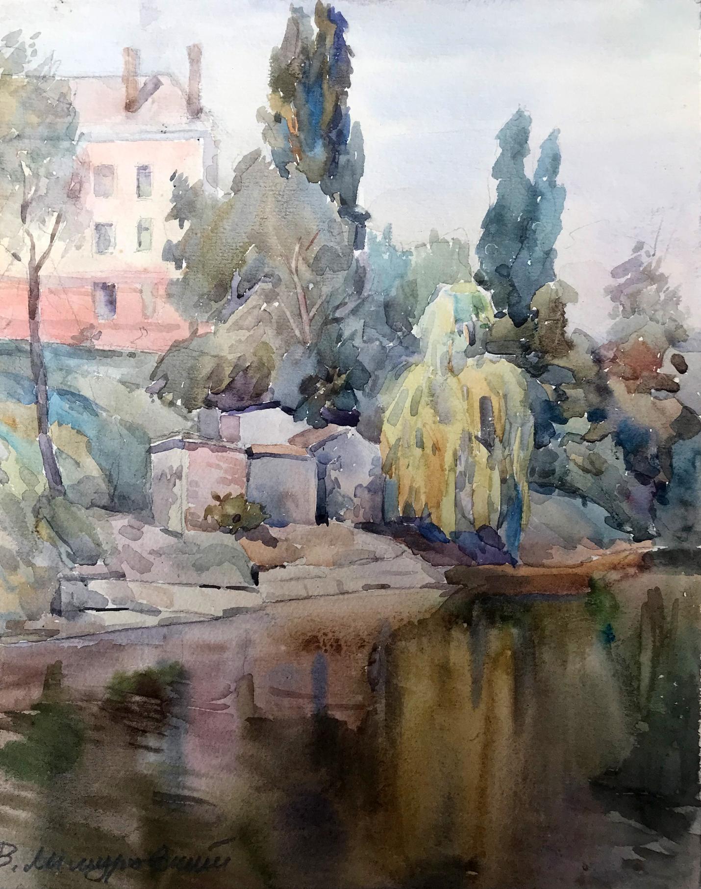 Watercolor painting City river Wihyrovskii Victor