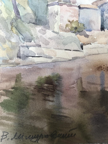 Watercolor painting City river Wihyrovskii Victor