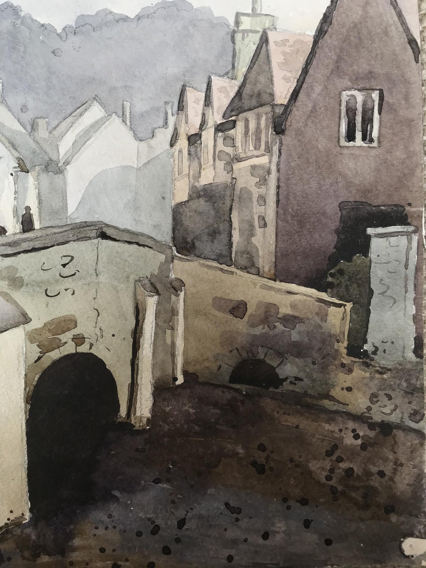 Watercolor painting Old city Unknown artist