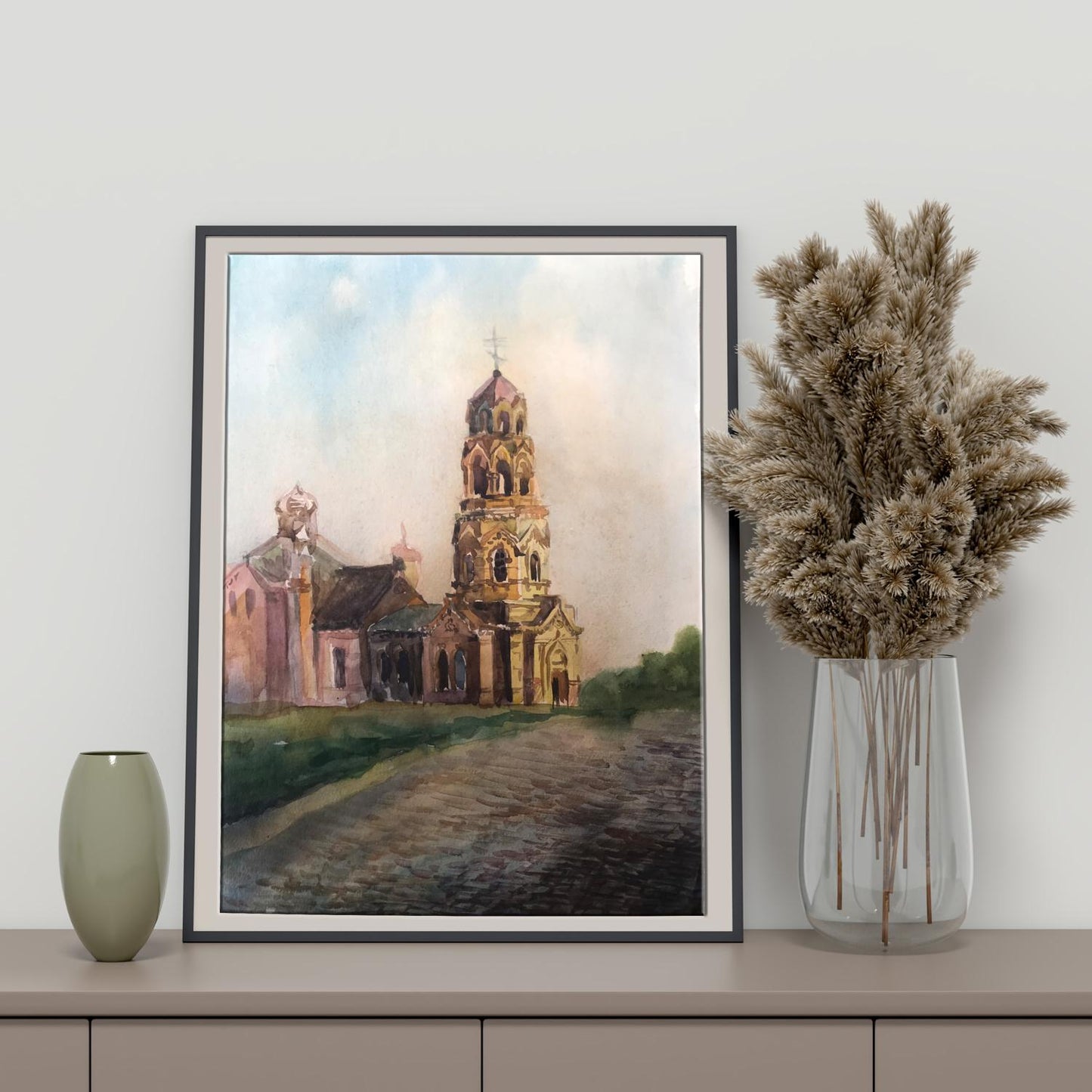 Watercolor painting Big church Unknown artist