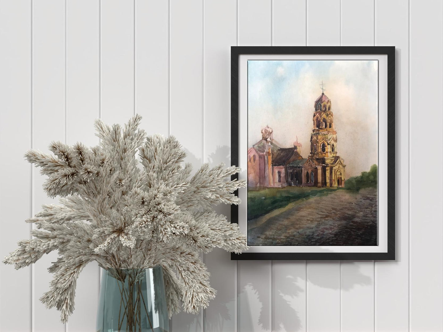 Watercolor painting Big church Unknown artist