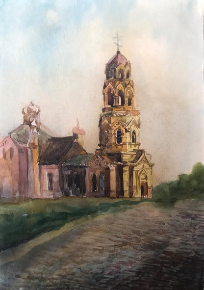 Watercolor painting Big church Unknown artist
