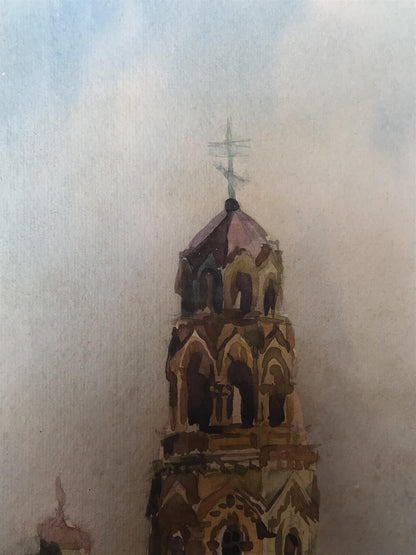 Watercolor painting Big church Unknown artist