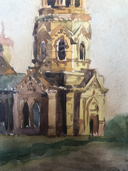 Watercolor painting Big church Unknown artist