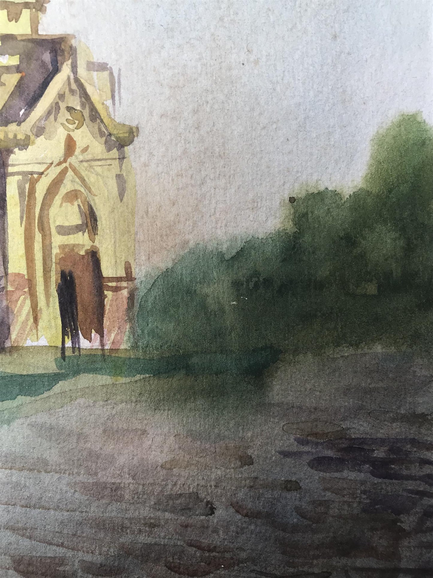 Watercolor painting Big church Unknown artist