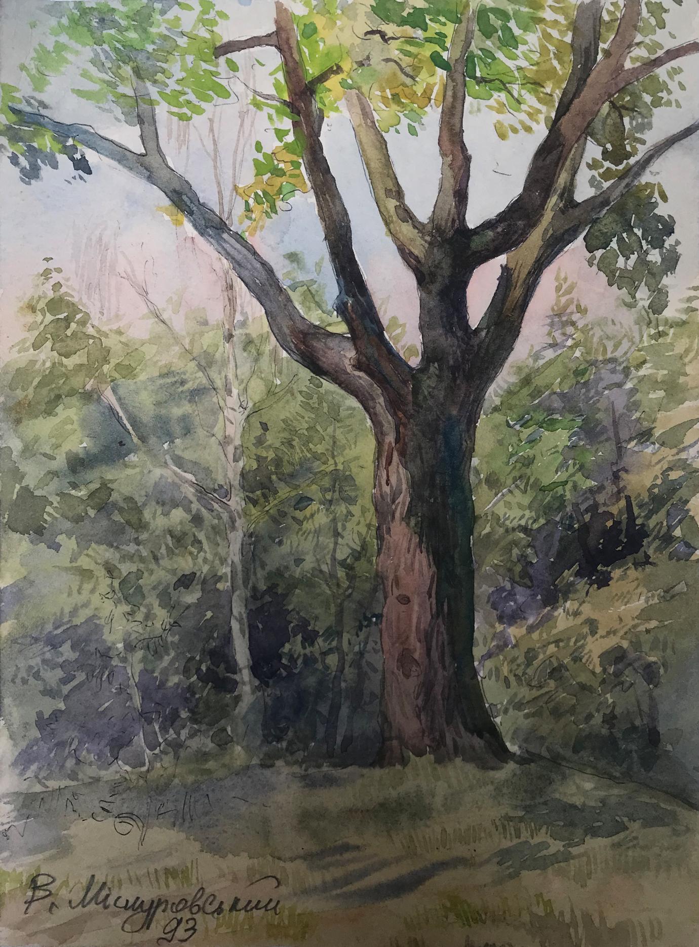 Watercolor painting Lonely tree Wihyrovskii Victor