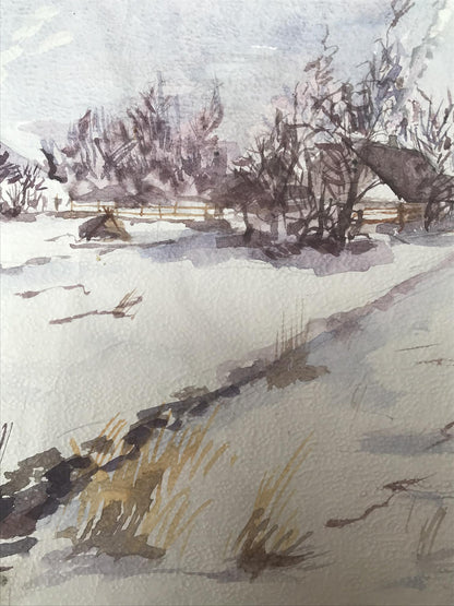 Watercolor painting Winter in the village Unknown artist