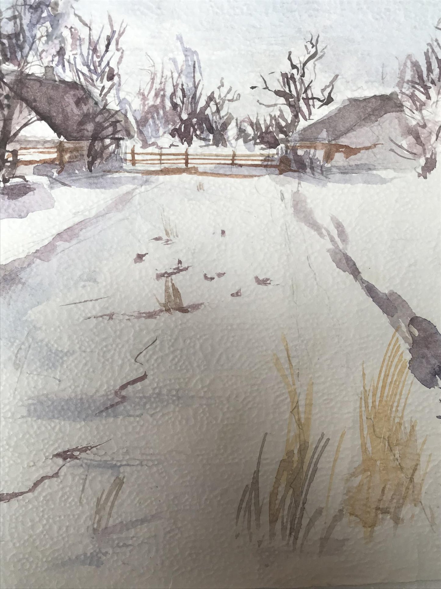 Watercolor painting Winter in the village Unknown artist