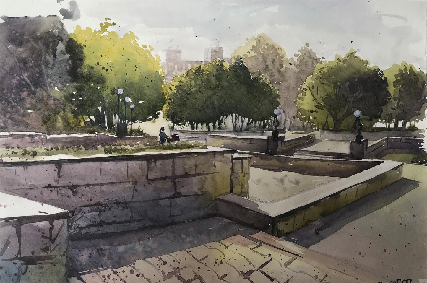 Watercolor painting City recreation park Unknown artist