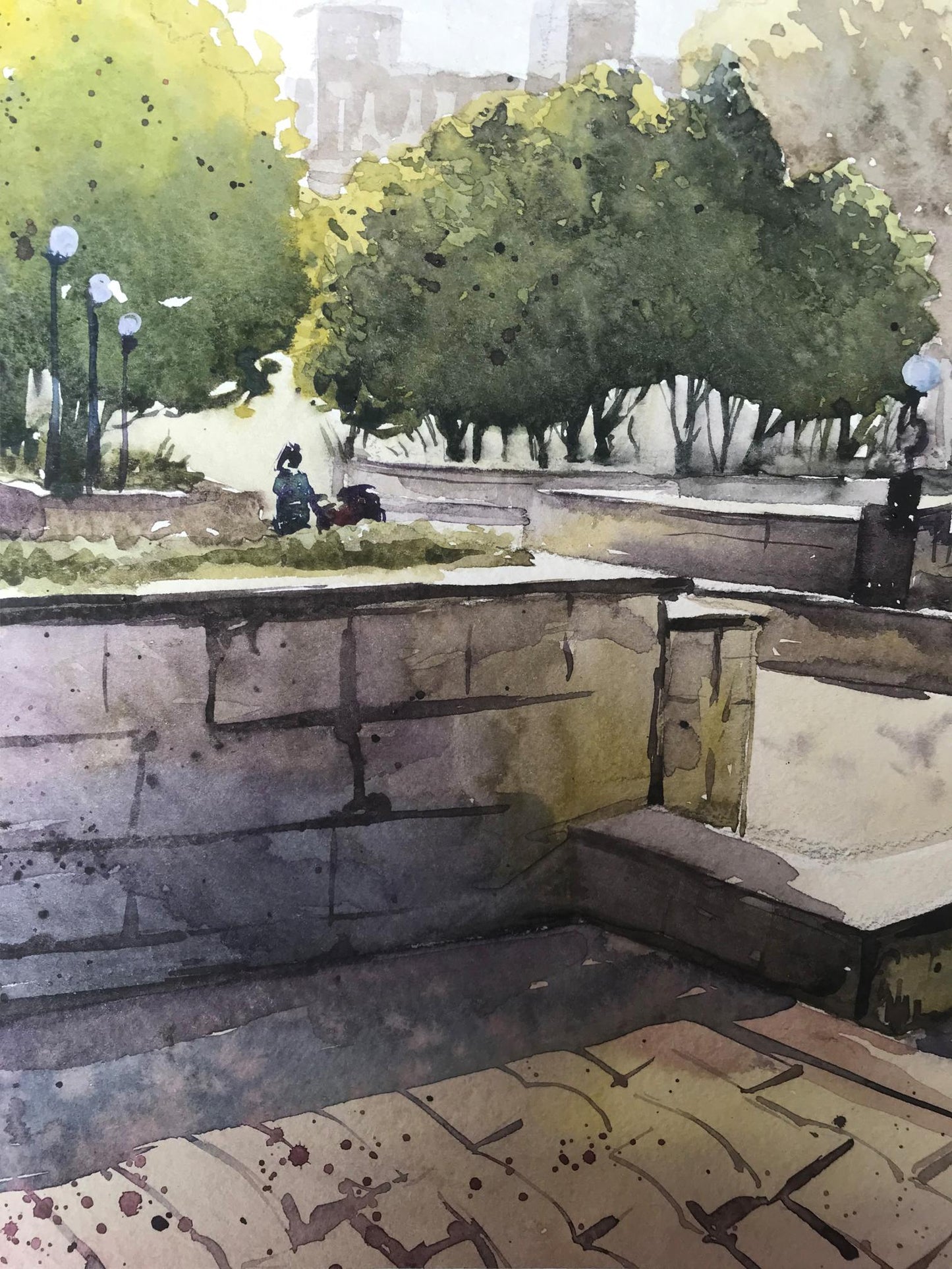 Watercolor painting City recreation park Unknown artist