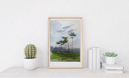Watercolor painting Two lonely trees in a field Unknown artist