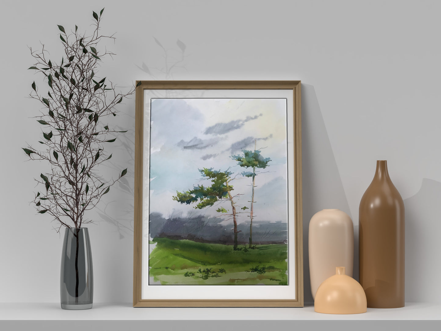 Watercolor painting Two lonely trees in a field Unknown artist