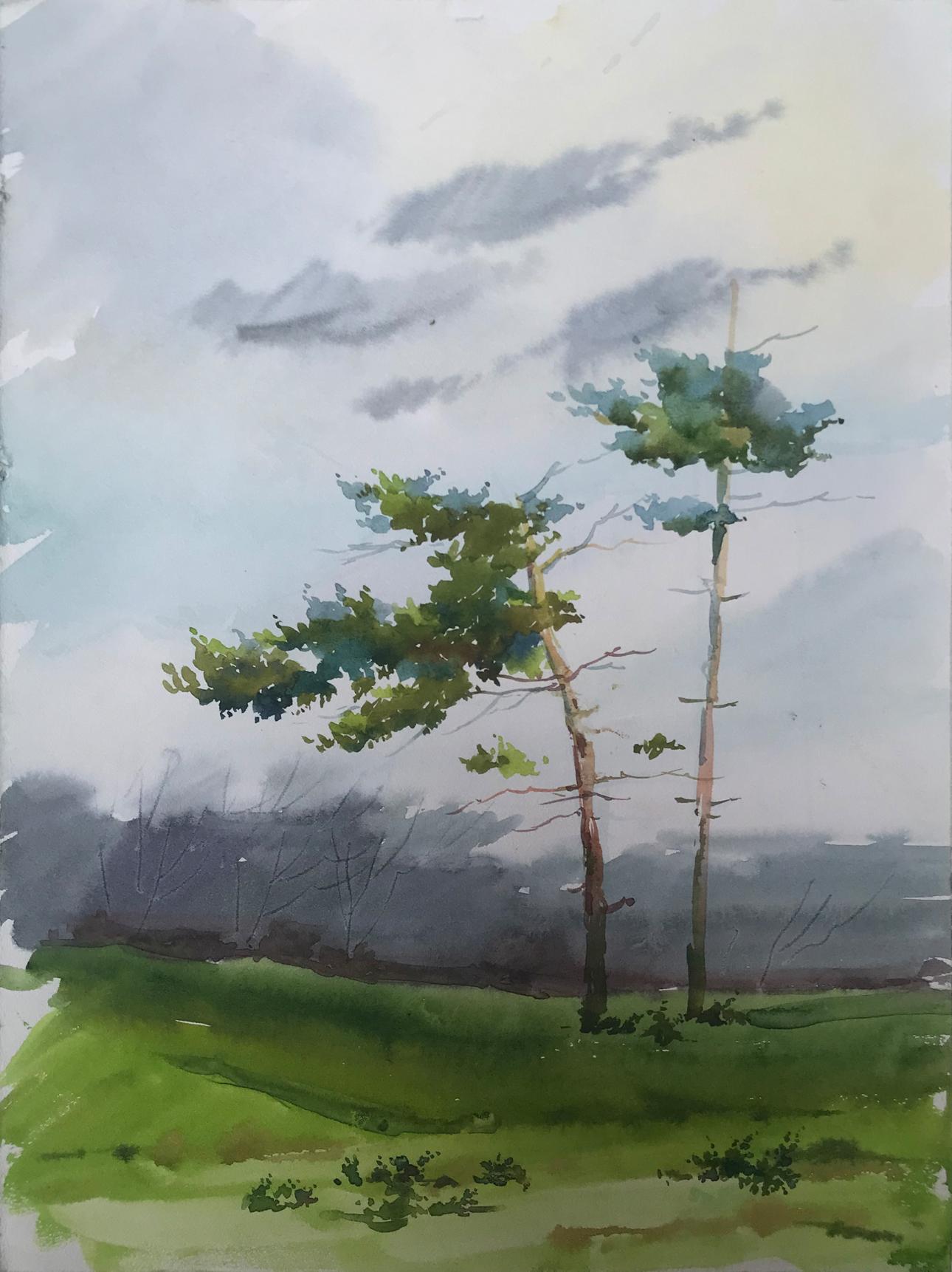 Watercolor painting Two lonely trees in a field Unknown artist